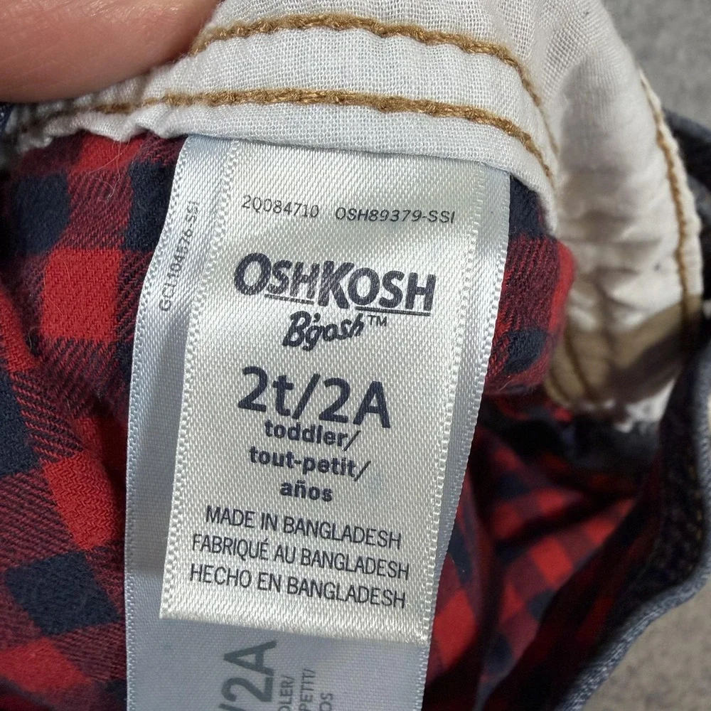 OshKosh B'gosh Overalls Kids 2T Blue Denim Lined Bib Jeans Plaid Flannel